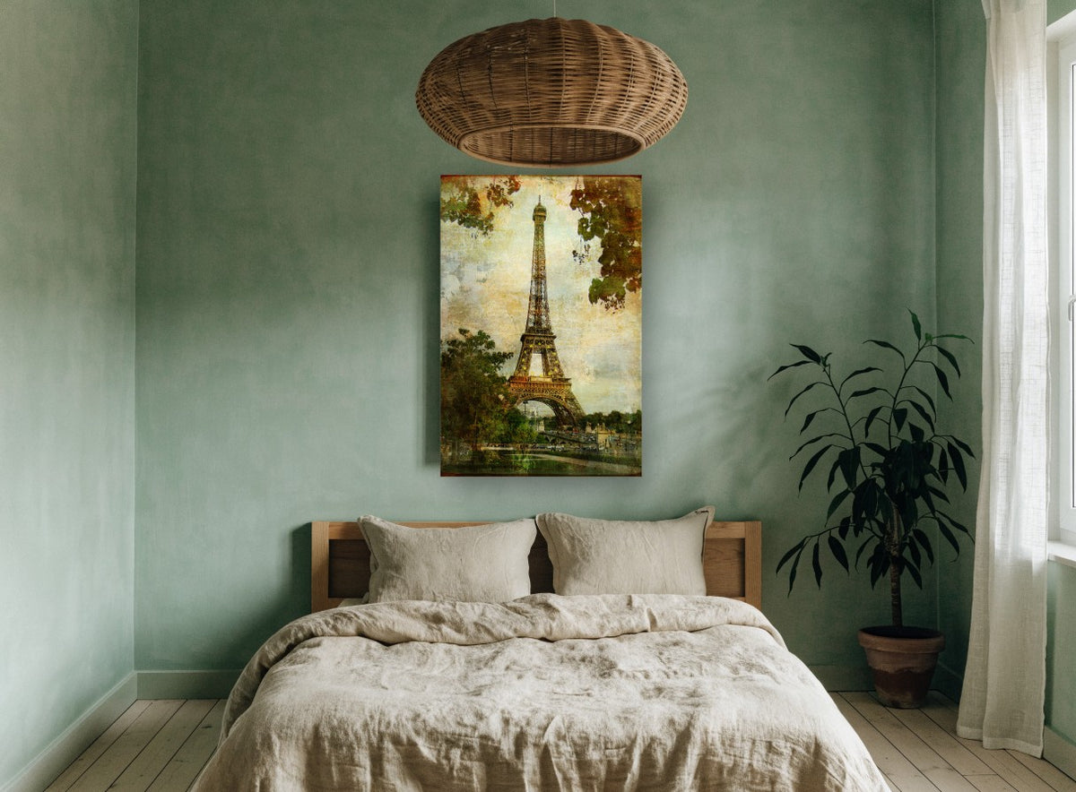 Eiffel Tower Through Autumn Leaves city canvas print on the wall of a bedroom