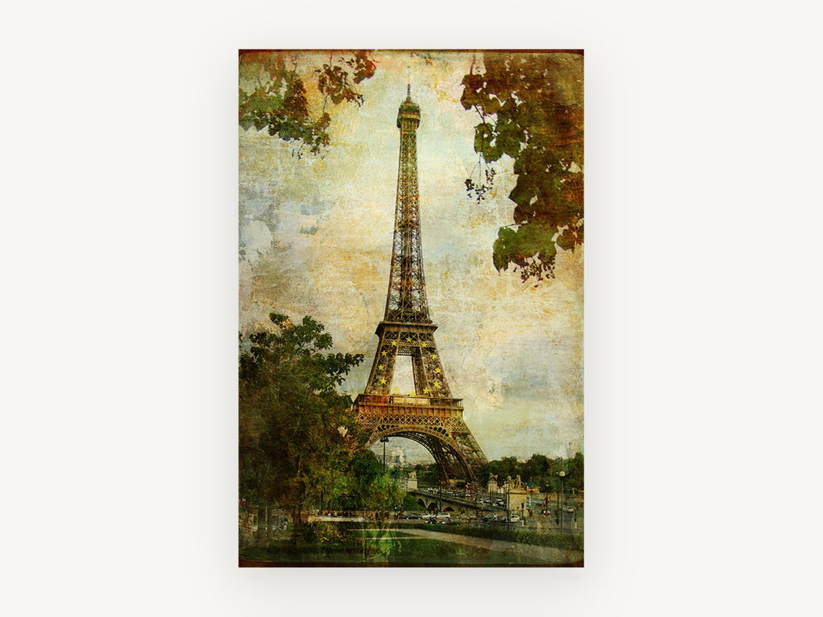 Eiffel Tower Through Autumn Leaves, vintage eiffel tower paris textured, city canvas wall art print, front view