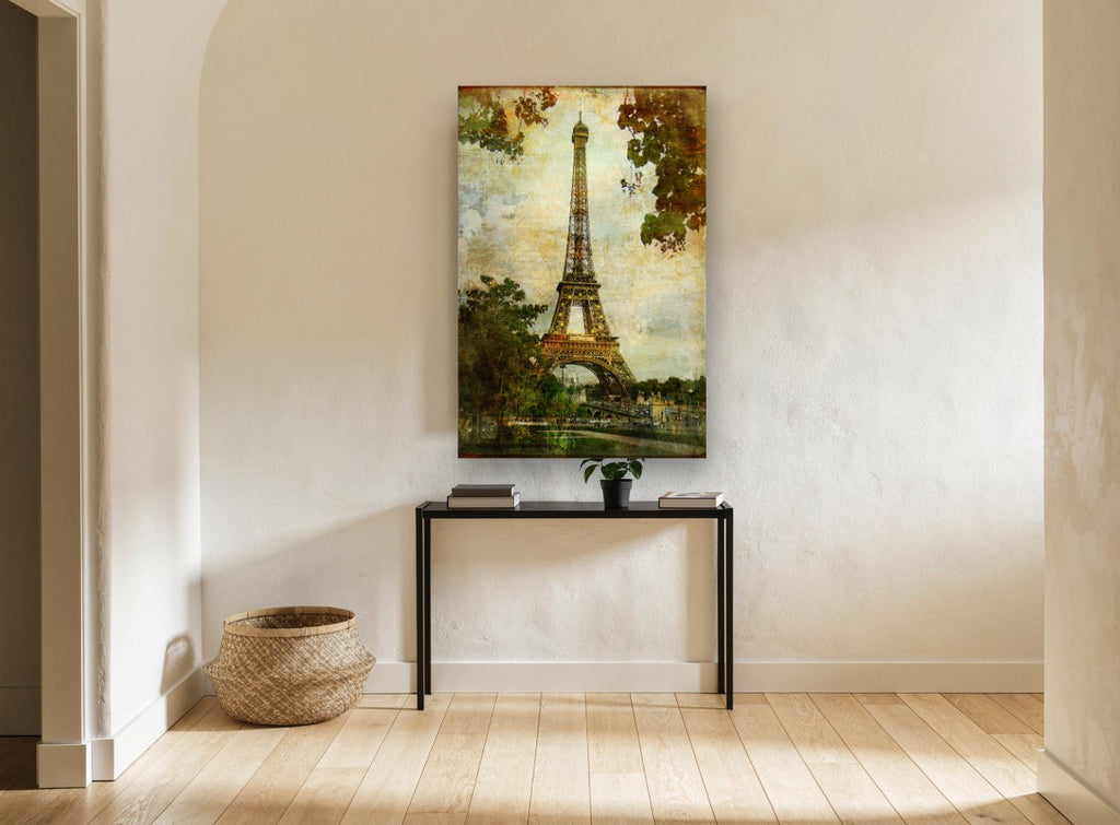 Eiffel Tower Through Autumn Leaves city canvas print on the wall of a hallway