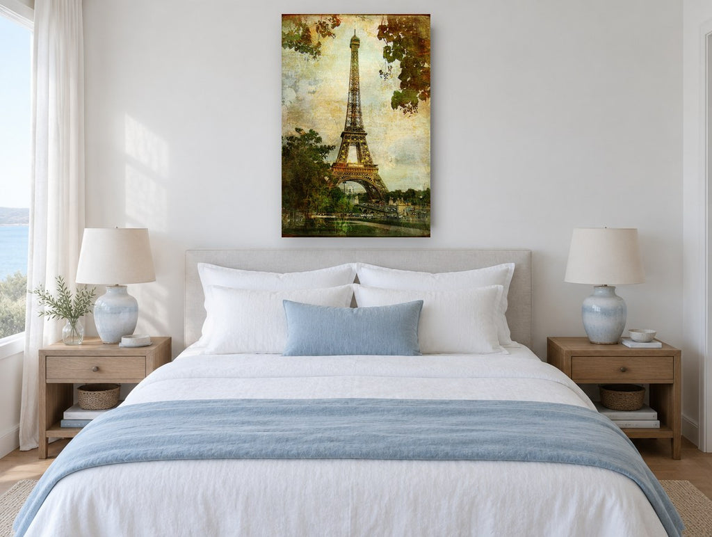 Eiffel Tower Through Autumn Leaves city canvas print on the wall of a bedroom