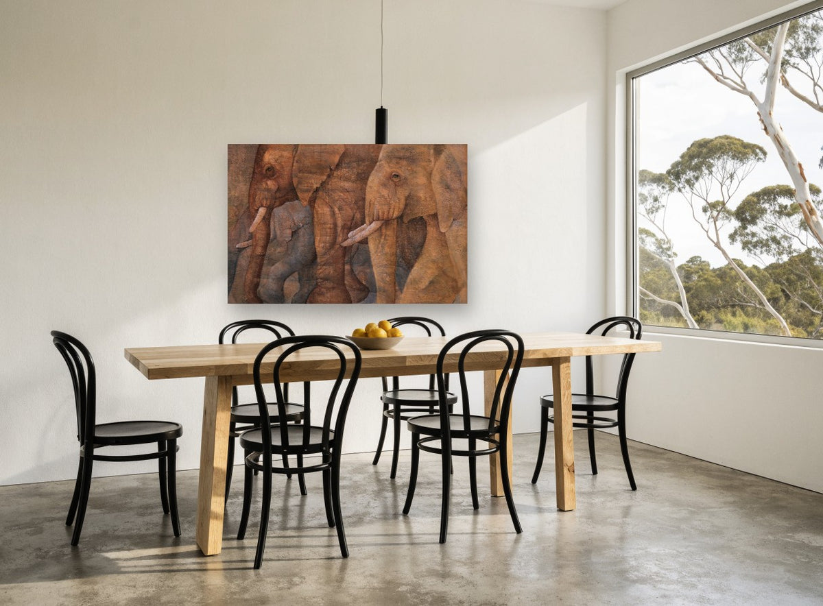 Elephant Procession in Earth Tones animal canvas print on the wall of a dining room