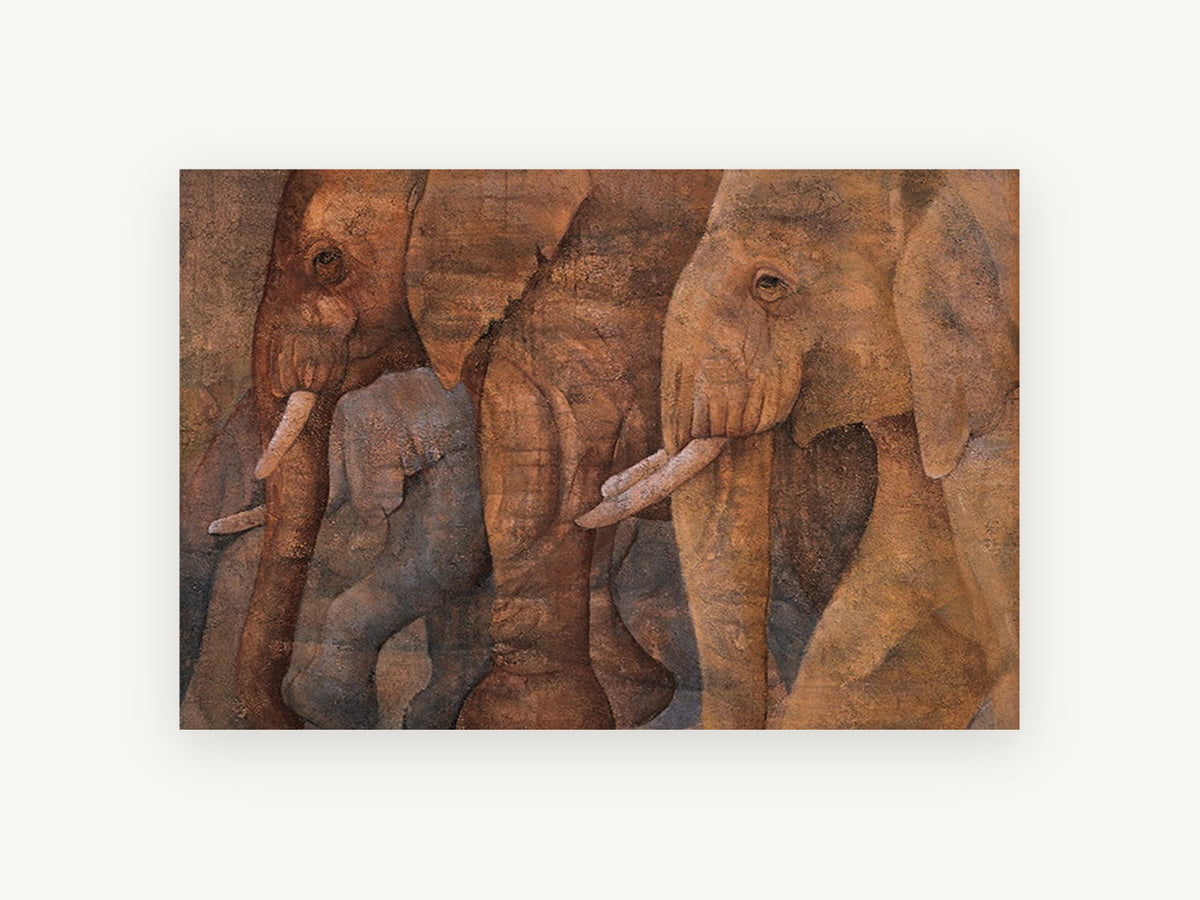 Elephant Procession in Earth Tones, elephant herd textured painting, animal canvas wall art print, front view