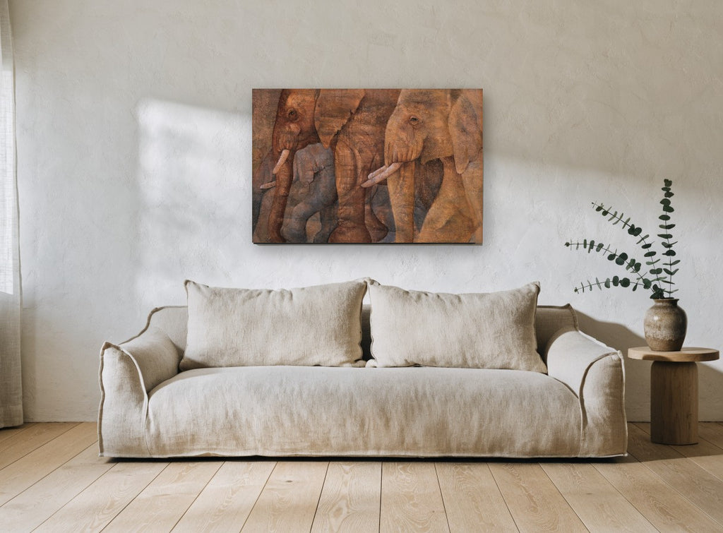 Elephant Procession in Earth Tones animal canvas print on the wall of a living room