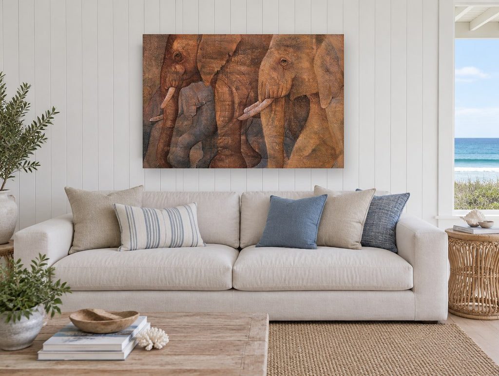 Elephant Procession in Earth Tones animal canvas print on the wall of a beach house living room