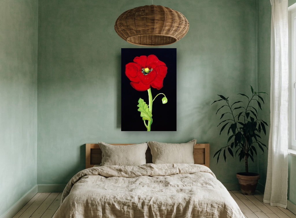 Red Poppy on Black floral canvas print on the wall of a bedroom