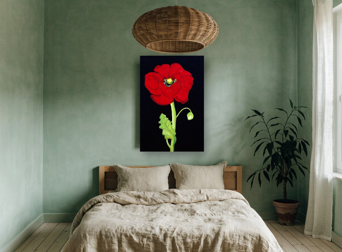Red Poppy on Black floral canvas print on the wall of a bedroom