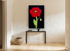 Red Poppy on Black floral canvas print on the wall of a hallway