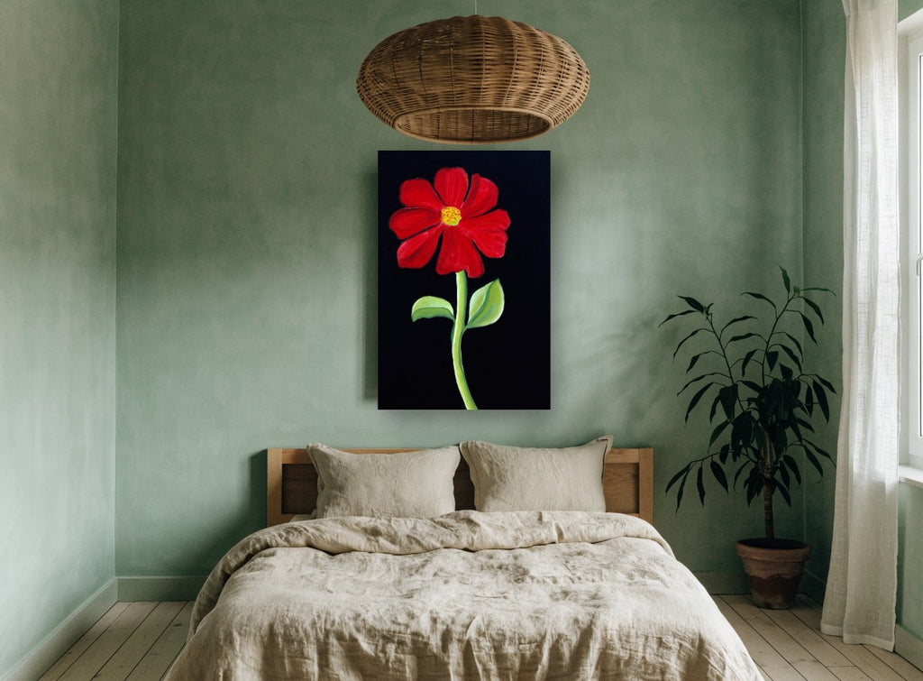 Red Bloom on Black floral canvas print on the wall of a bedroom