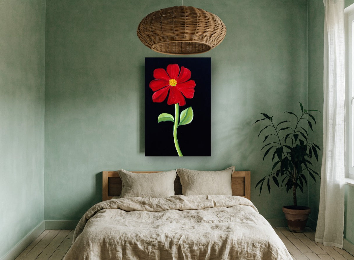 Red Bloom on Black floral canvas print on the wall of a bedroom