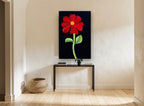 Red Bloom on Black floral canvas print on the wall of a hallway