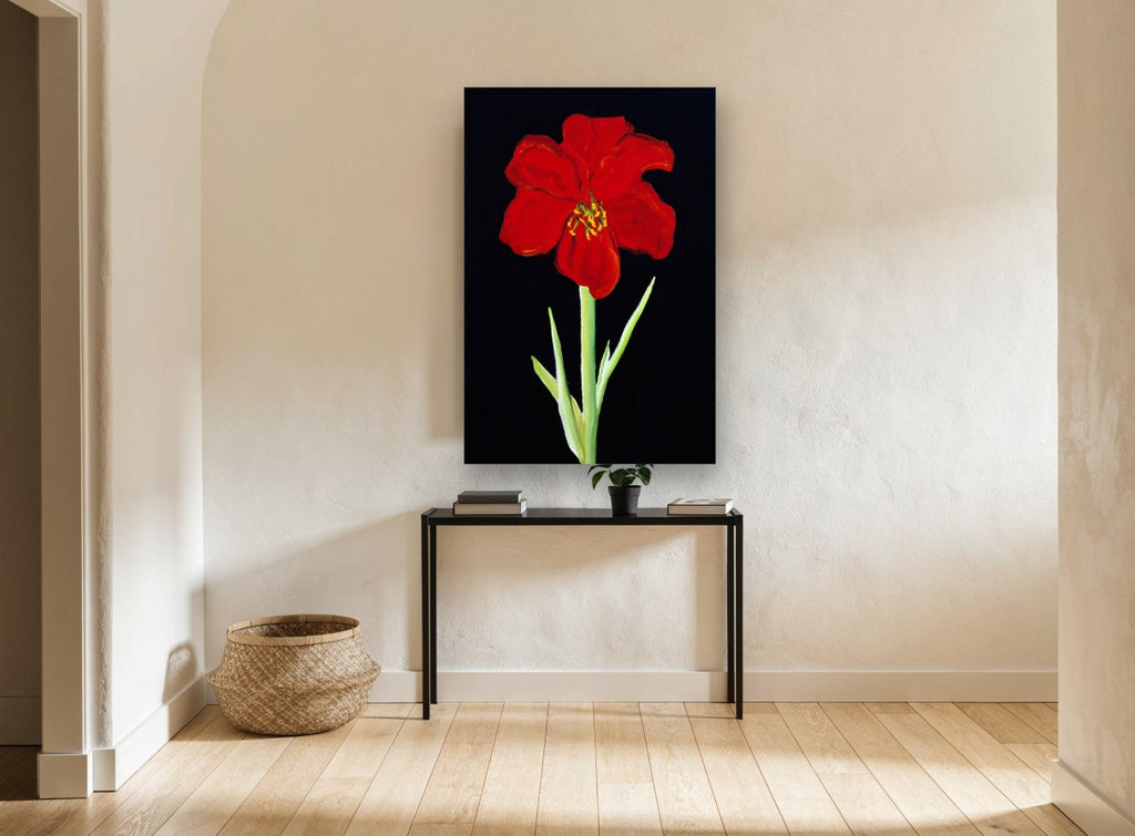 Scarlet Amaryllis on Black floral canvas print on the wall of a hallway