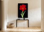 Scarlet Amaryllis on Black floral canvas print on the wall of a hallway