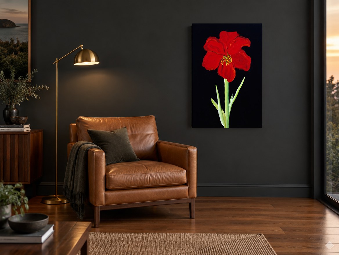 Scarlet Amaryllis on Black floral canvas print on the wall of a charcoal living room