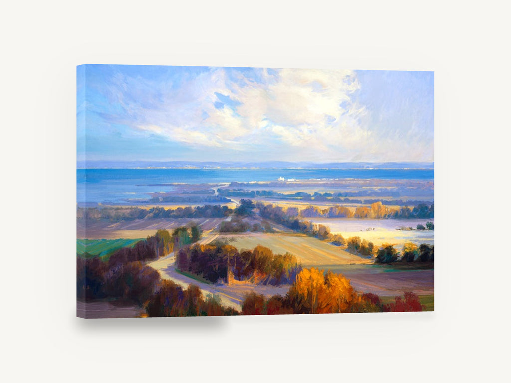 Autumn Bay Overlook, autumn farmland bay landscape painting, landscape canvas wall art print ready to hang