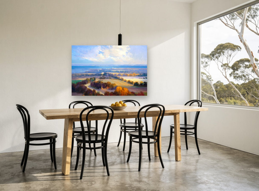Autumn Bay Overlook landscape canvas print on the wall of a dining room