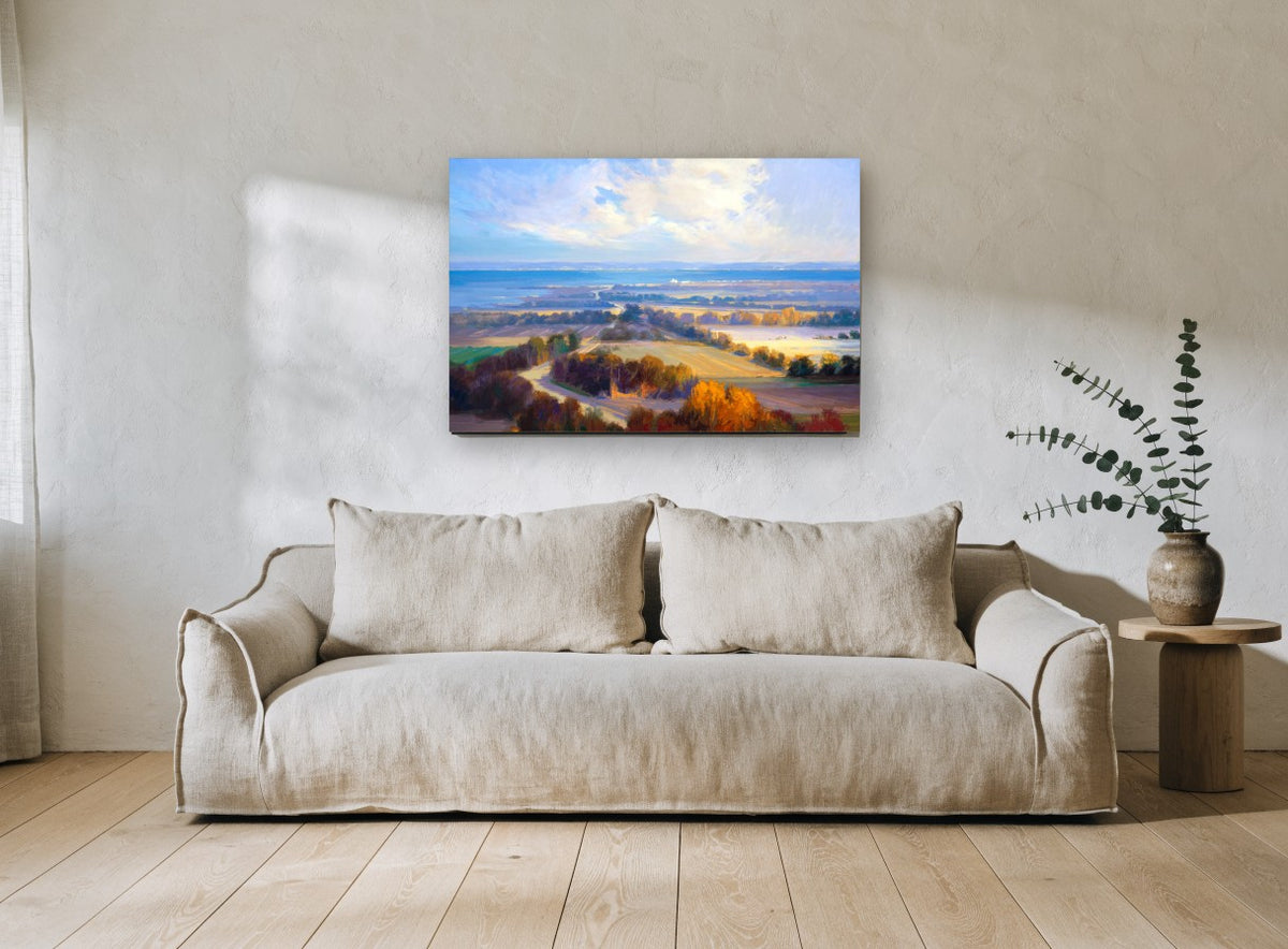 Autumn Bay Overlook landscape canvas print on the wall of a living room