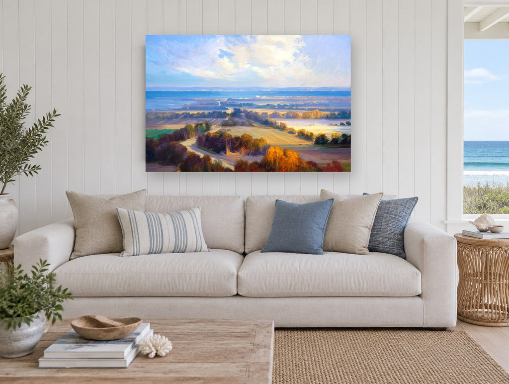 Autumn Bay Overlook landscape canvas print on the wall of a beach house living room