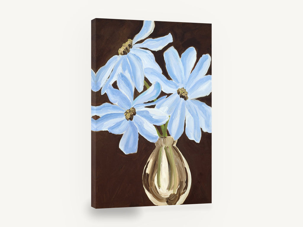 Blue Blooms on Brown, blue flowers in vase painting, floral canvas wall art print ready to hang