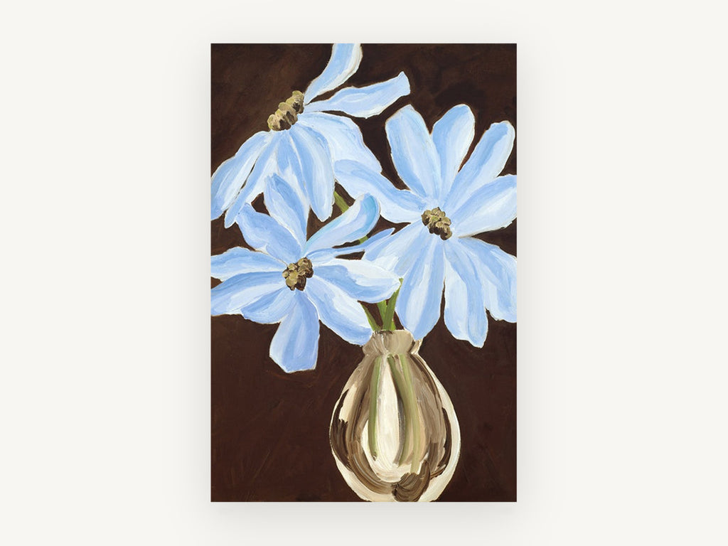 Blue Blooms on Brown, floral canvas wall art print, front view