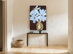 Blue Blooms on Brown floral canvas print on the wall of a hallway