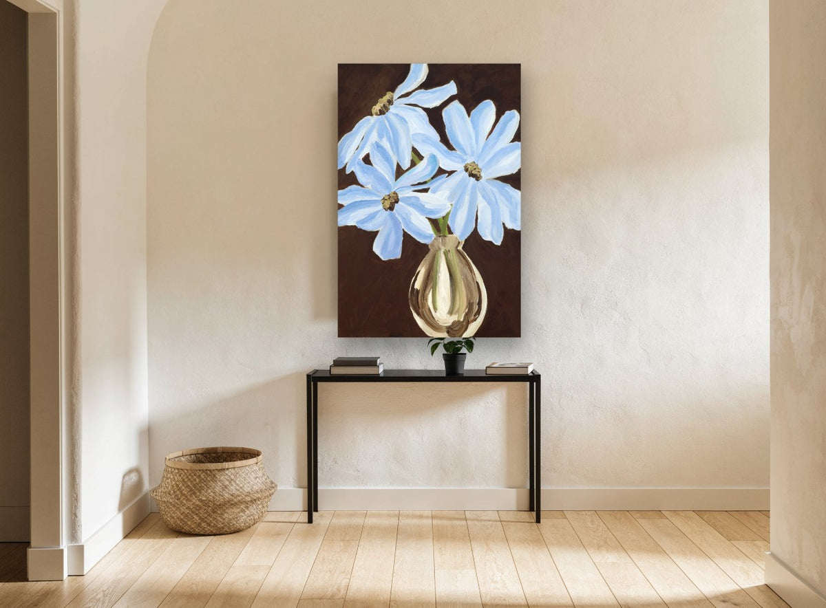 Blue Blooms on Brown floral canvas print on the wall of a hallway