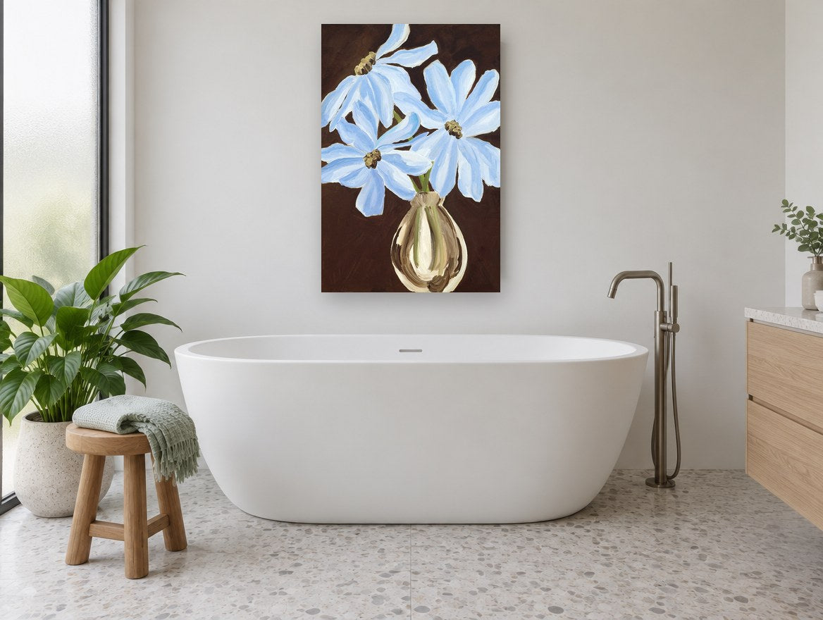 Blue Blooms on Brown floral canvas print on the wall of a bathroom