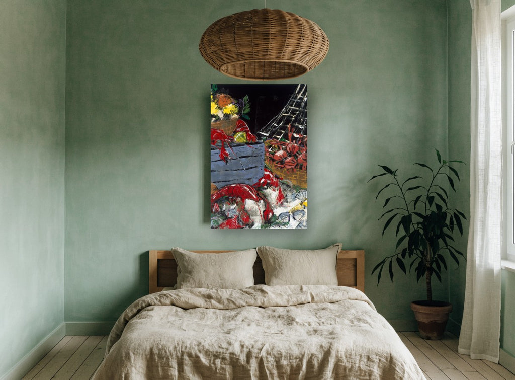 Seafood Market Spread coastal canvas print on the wall of a bedroom