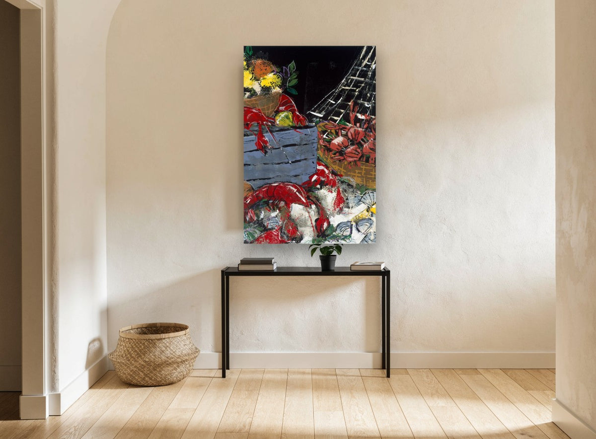 Seafood Market Spread coastal canvas print on the wall of a hallway