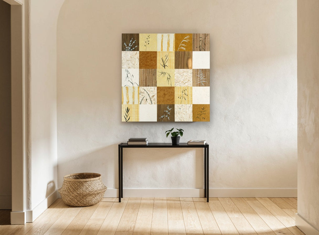 Grass Study Patchwork floral canvas print on the wall of a hallway