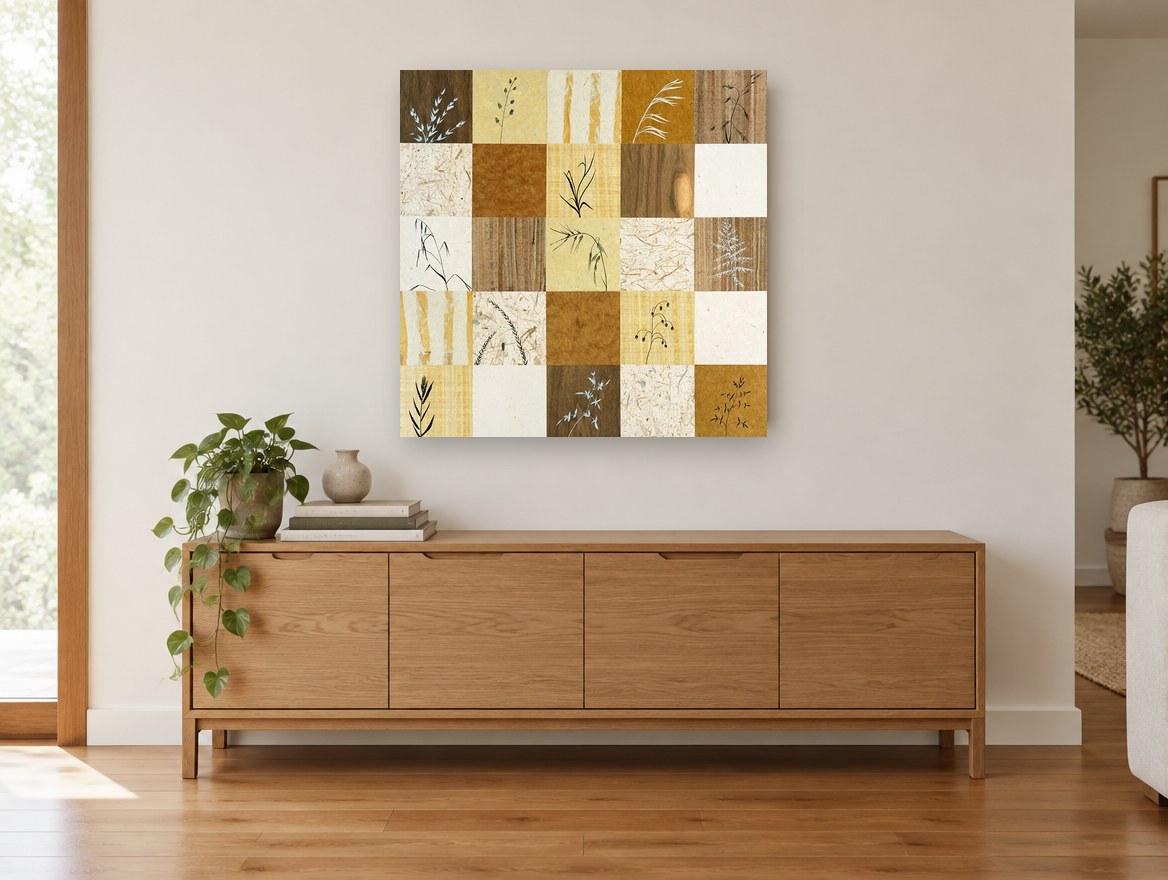 Grass Study Patchwork floral canvas print on the wall of a living room above a sideboard