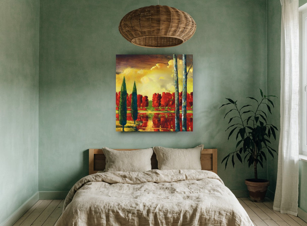 Crimson Grove Reflections landscape canvas print on the wall of a bedroom