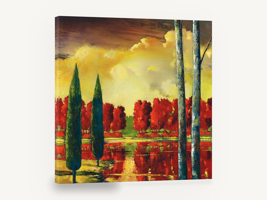 Crimson Grove Reflections, red autumn trees lake reflection, landscape canvas wall art print ready to hang