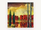 Crimson Grove Reflections, red autumn trees lake reflection, landscape canvas wall art print, front view