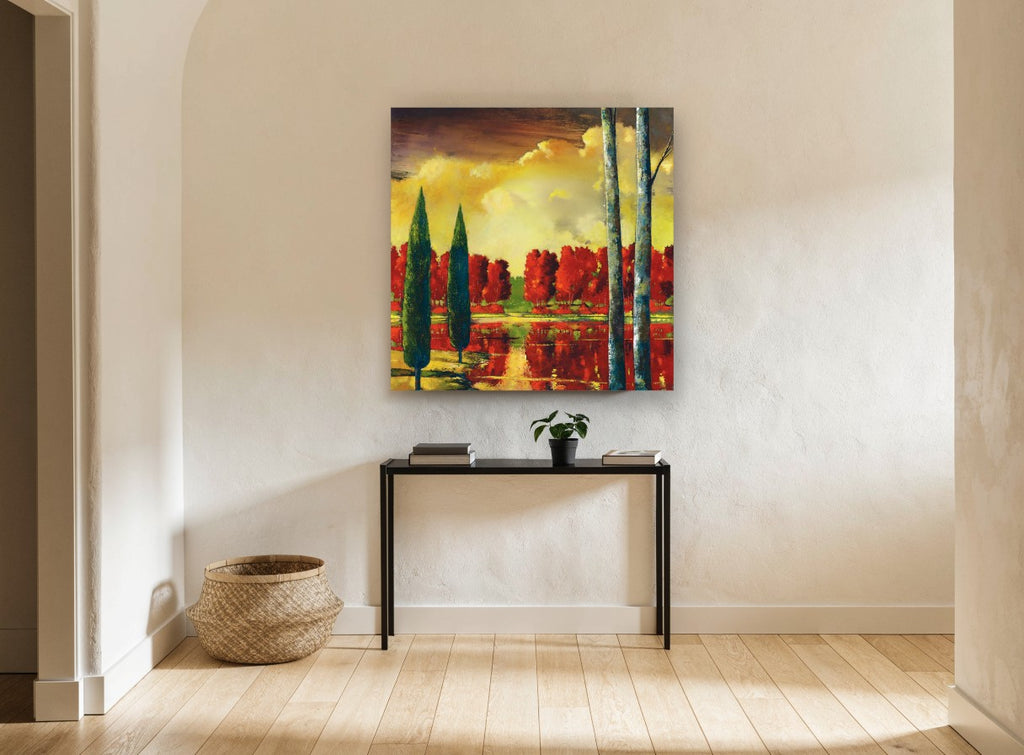Crimson Grove Reflections landscape canvas print on the wall of a hallway