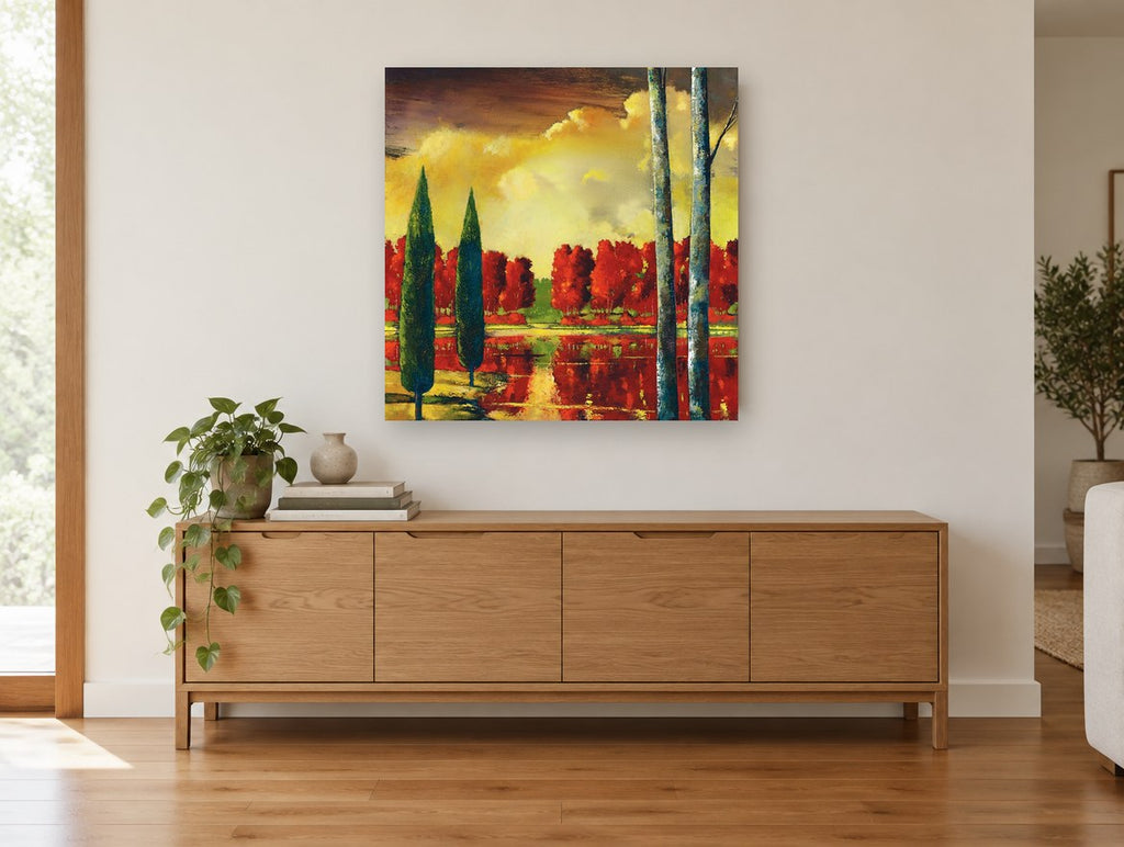 Crimson Grove Reflections landscape canvas print on the wall of a living room above a sideboard