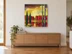 Crimson Grove Reflections landscape canvas print on the wall of a living room above a sideboard