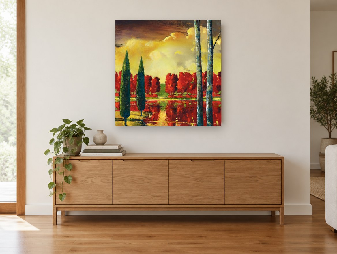 Crimson Grove Reflections landscape canvas print on the wall of a living room above a sideboard