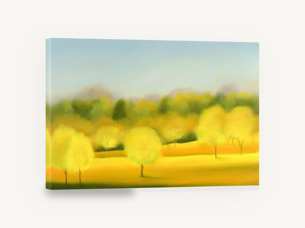 Golden Grove Haze, yellow trees soft focus landscape, landscape canvas wall art print ready to hang