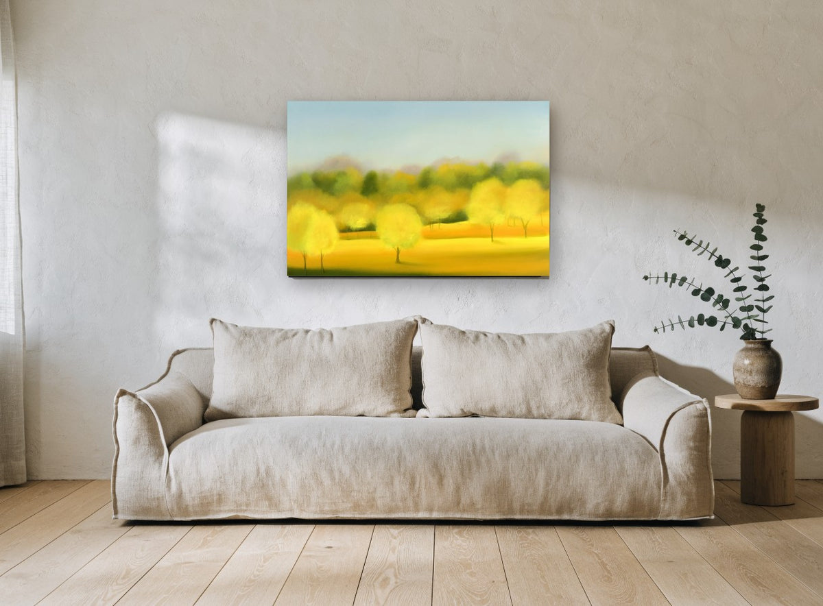 Golden Grove Haze landscape canvas print on the wall of a living room
