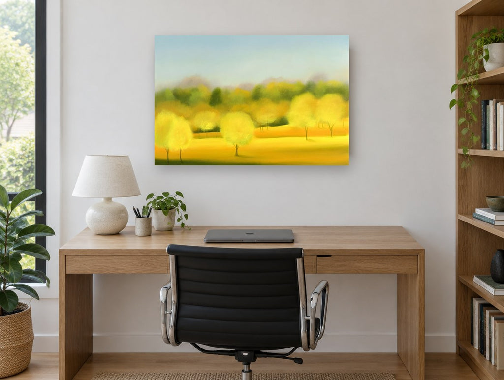Golden Grove Haze landscape canvas print on the wall of a study