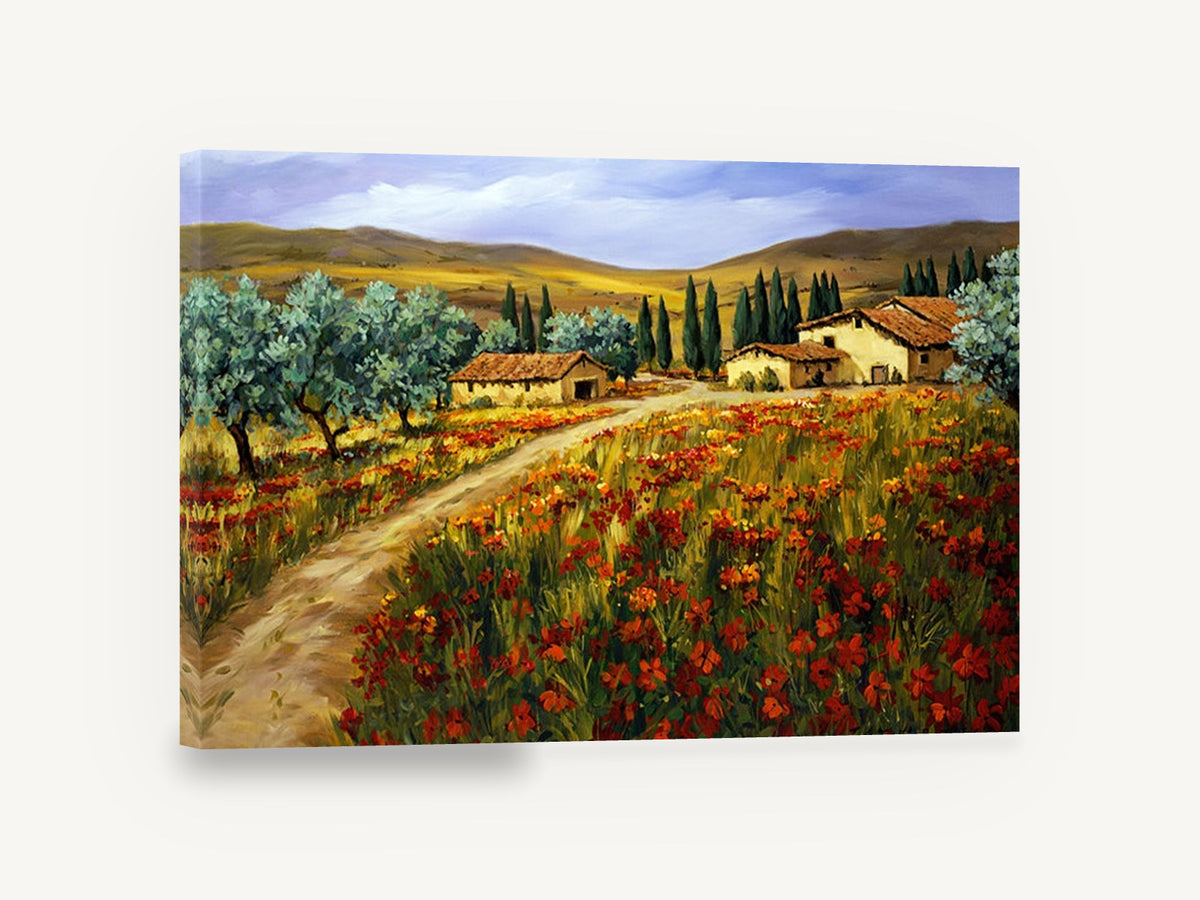 Poppy Field Farmhouses, poppy field farmhouse landscape painting, floral canvas wall art print ready to hang