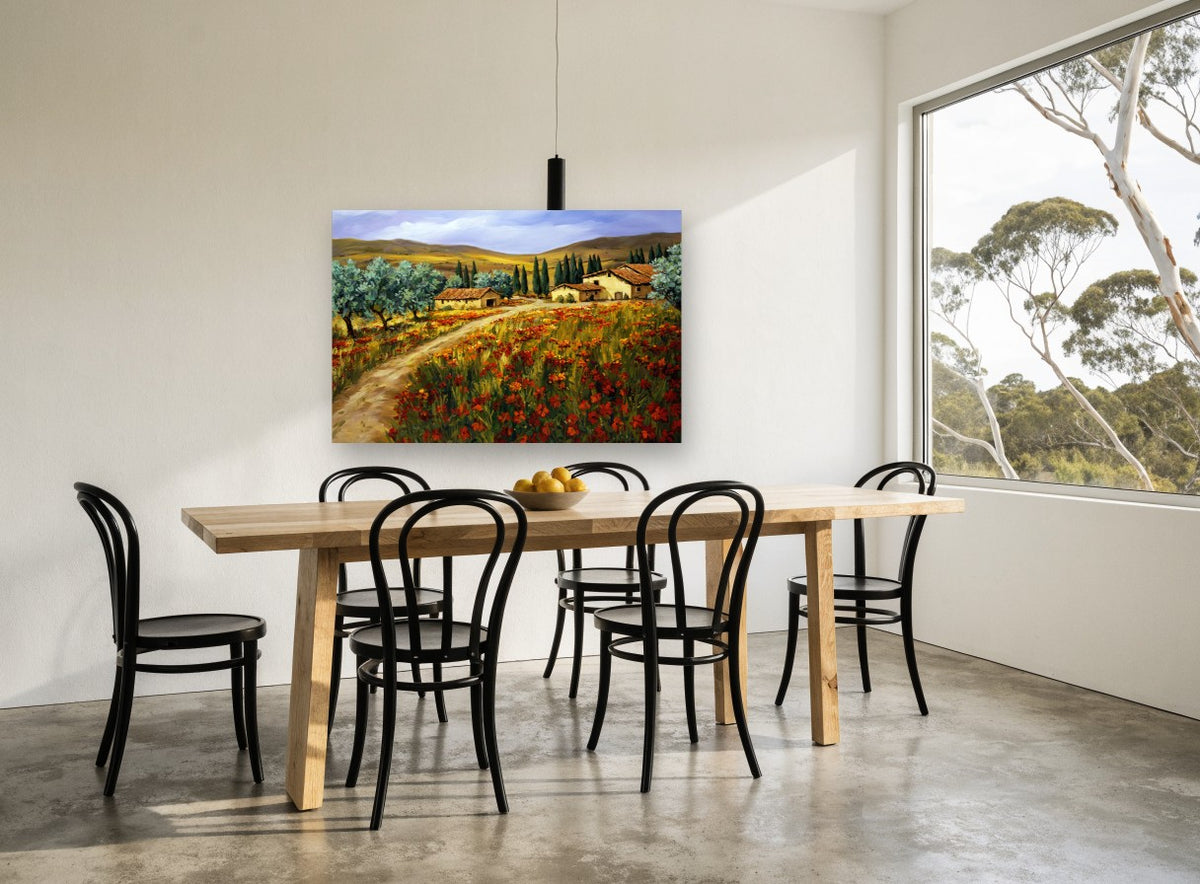 Poppy Field Farmhouses floral canvas print on the wall of a dining room