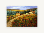 Poppy Field Farmhouses, floral canvas wall art print, front view