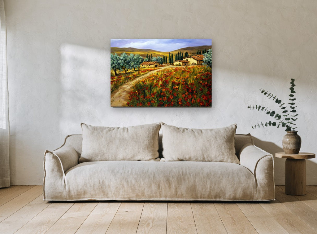 Poppy Field Farmhouses floral canvas print on the wall of a living room