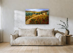 Poppy Field Farmhouses floral canvas print on the wall of a living room