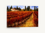 Crimson Vineyard Rows, autumn vineyard farmhouse landscape painting, landscape canvas wall art print ready to hang