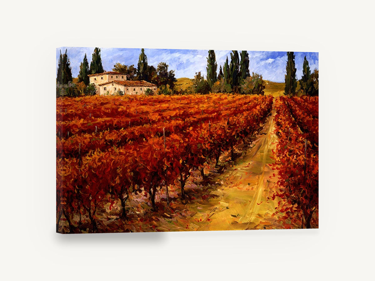 Crimson Vineyard Rows, autumn vineyard farmhouse landscape painting, landscape canvas wall art print ready to hang