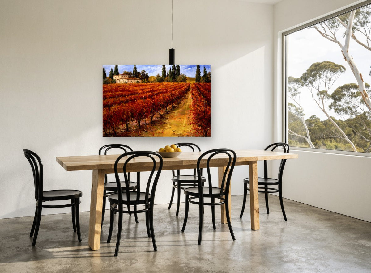 Crimson Vineyard Rows landscape canvas print on the wall of a dining room