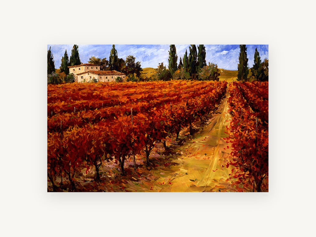 Crimson Vineyard Rows, autumn vineyard farmhouse landscape painting, landscape canvas wall art print, front view