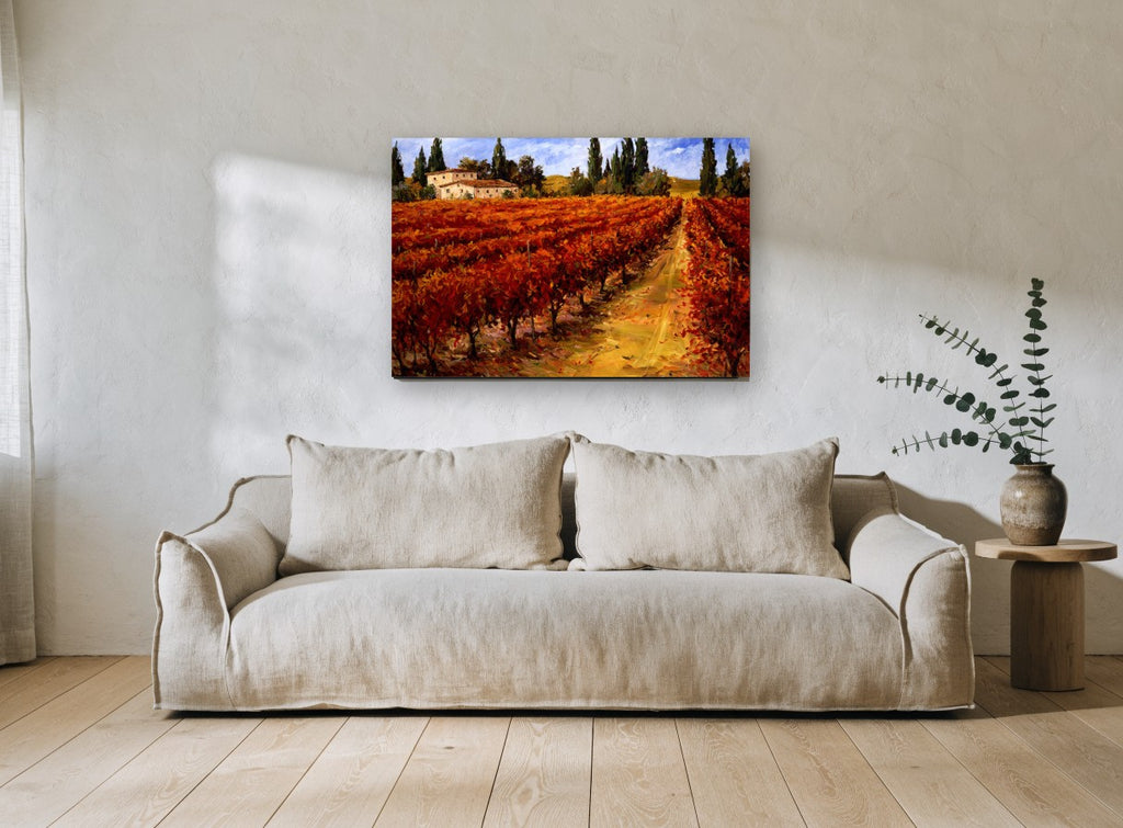 Crimson Vineyard Rows landscape canvas print on the wall of a living room